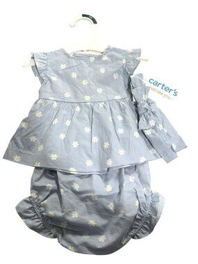 Carters 3-Piece Blue Daisy Outfit Headband Dress And Bloomers Size 3M Baby Girls